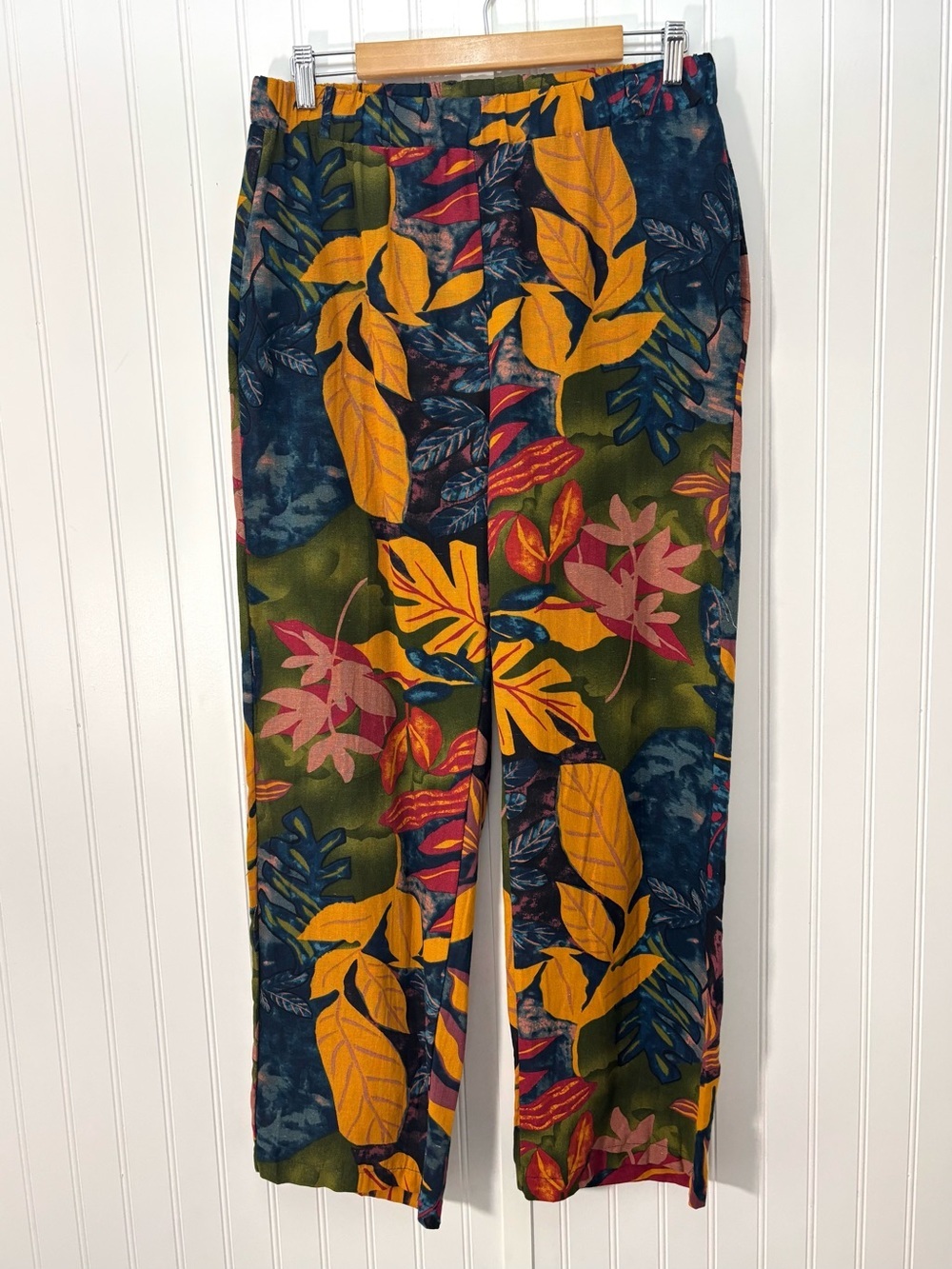 Tropical Leaf Print Pants Cotton Linen Blend Elastic Waist Straight Leg L Resort